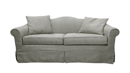 Gray sofa with two pillows isolated on white, transparent background, PNG. Classic english style...