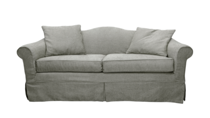 Gray sofa with two pillows isolated on white, transparent background, PNG. Classic english style two seater cushion couch with upholstery cover, front view