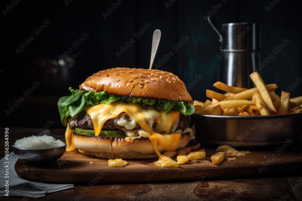 Canvas Prints classic burger, topped with melted cheese, and served alongside golden french fries, created with generative ai