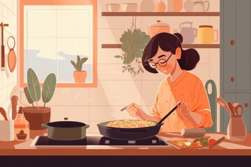 person, working from home and cooking a wholesome meal for the family, created with generative ai
