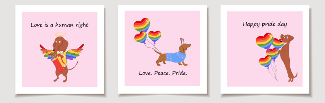  Set of pride day cards with Dachshunds dogs pulls a rainbow hearts, valentines on a sleigh and decorate rainbow balloons in the shape of a heart. Love, Month pride
