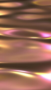 3D abstract golden liquid waves loop animation background. Vertical video. Soft flowing fluid with pink and gold lighting and reflections. Smooth simple minimal design.