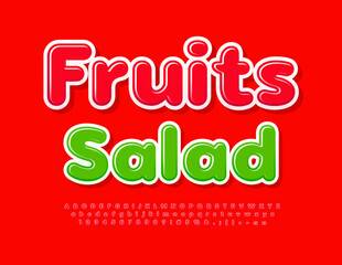 Vector bright Emblem Fruits Salad. Modern creative Font. Glossy Alphabet Letters and Numbers