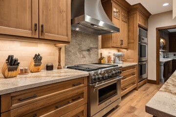 custom-built cooking station with stovetop, range hood, and prep area for chef to prepare meals, created with generative ai
