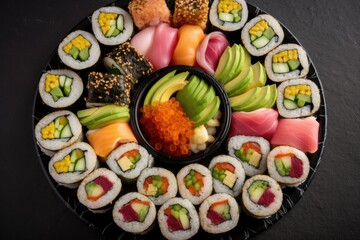 platter of colorful and freshly made vegan sushi rolls, created with generative ai