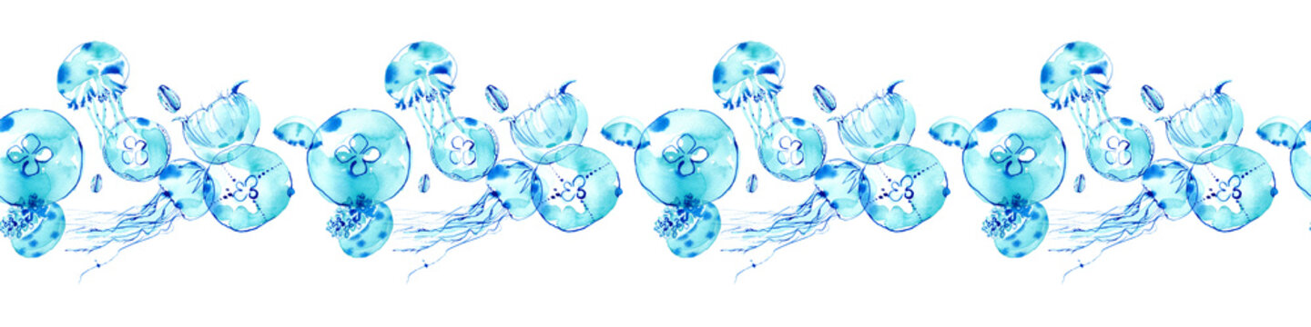涼しげなクラゲをイメージした水彩イラスト。水中イメージ飾り罫線。シームレスパターン。