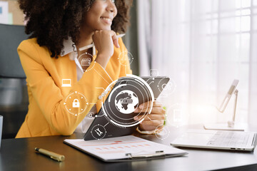 Businesswomen typing laptop computer and tablet with SDK icon on virtual screen. SDK Software...