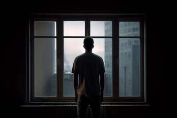 Fototapeta na wymiar rear view of Lonely man standing in the dark behind the window looking