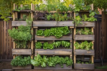 vertical garden in community garden, with vegetables and herbs growing, created with generative ai