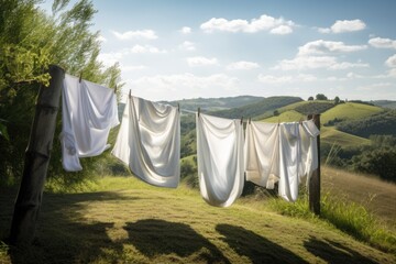 freshly washed linen hanging to dry in the sun, with rolling green hills in the background, created with generative ai