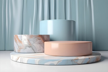 round multi-level podium backdrop for product advertising with marble texture and bright colors, Generative AI