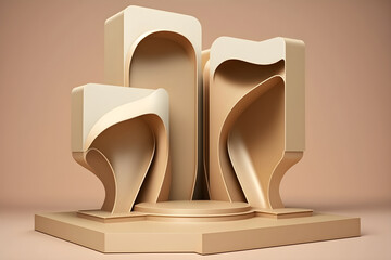 abstract beige podium display with three figured columns on a square stand, Generative AI