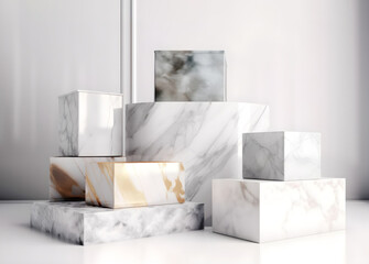 Fototapeta na wymiar light multi-level cuboid podium stands for product display with marble texture and metallic colors on white background, Generative AI