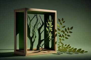 wooden podium display in the form of a box without walls with a carved silhouette of a tree inside on olive background, Generative AI
