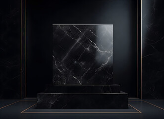 cuboid black podium backdrop for product display with marble texture on black background, Generative AI
