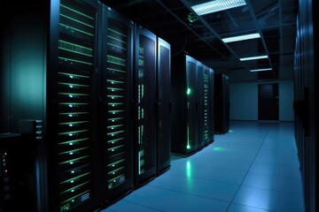 high-tech server room, with sleek metal racks and blinking lights, created with generative ai