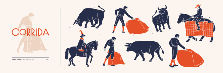 Collection of dark silhouettes of Matadors with red capes in different poses and bull. Toreador is main participant in the bullfight. Traditional symbol of Spain. Vector illustration isolated. - obrazy, fototapety, plakaty
