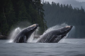 a pair of humpback whales breaching in tandem, created with generative ai