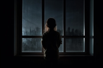 rear view of Lonely child standing in the dark behind the window looking