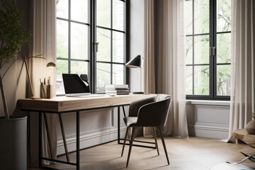Fototapeta na wymiar minimalist home office with sleek desk and chair, natural light, and modern decor, created with generative ai