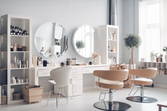 A hair salon with a white wall and a large mirror.