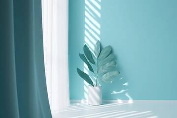 Minimal abstract light blue background for product presentation, Shadow of tropical leaves and curtains window on plaster wall,