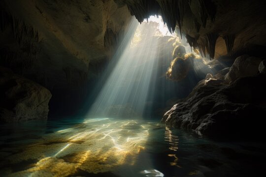 underwater cave with view of the surface, sunlight filtering through the water, created with generative ai
