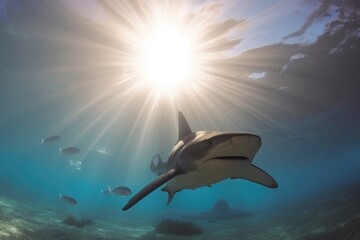 shark dives underwater and looks at rays swimming overhead, created with generative ai