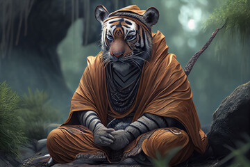 llustration of relaxed tiger in kung fu master yoga clothes sitting in meditate on forest . AI