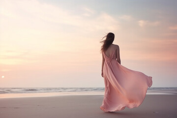 Fototapeta na wymiar Rear view of a young woman in pastel pink dress standing in the beach with beautiful sky the wind blowing her long dress