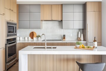 clutter-free kitchen with sleek countertops, minimalist appliances, and a decorative backsplash, created with generative ai