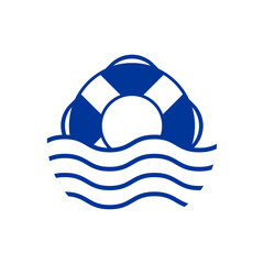 Logo Nautical. Anillo salvavidas con olas de mar	