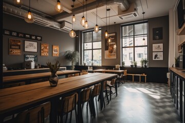 trendy coworking space with communal tables and modern decor, created with generative ai