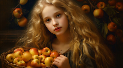 Fototapeta na wymiar A young girl with flowing golden hair, holding a basket of enchanted apples Generative AI