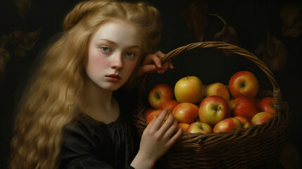 Fototapeta na wymiar A young girl with flowing golden hair, holding a basket of enchanted apples Generative AI