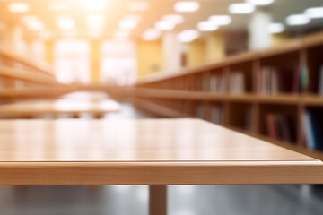 Creative mock concept. Empty wooden table top with empty library bookstore shelf of book blurred background. Template for product presentation display. 3D rendering	
