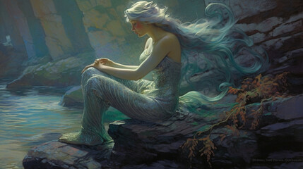A magical mermaid sitting on a rock, combing her long, iridescent tail Generative AI