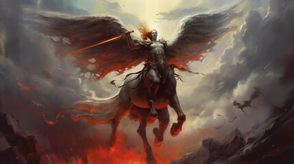 A brave knight riding a magnificent winged horse through a stormy sky Generative AI