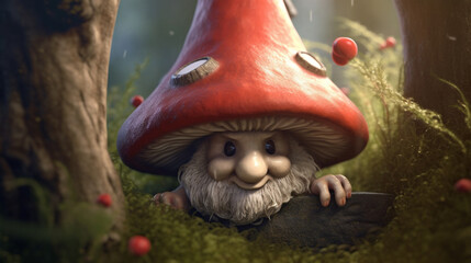 Obraz premium A mischievous gnome peeking out from behind a toadstool, wearing a pointy hat Generative AI
