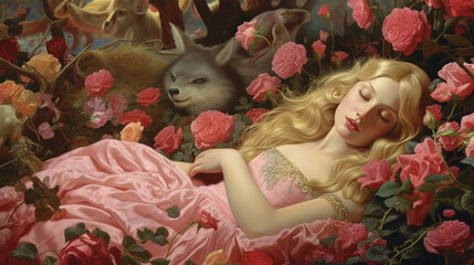 A sleeping beauty lying in a bed of roses, with woodland creatures watching over her Generative AI - obrazy, fototapety, plakaty