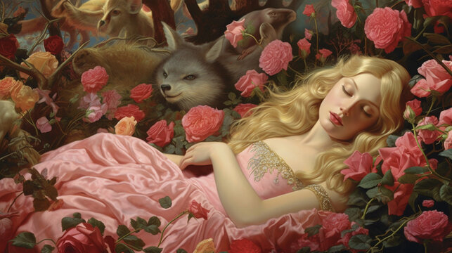 A sleeping beauty lying in a bed of roses, with woodland creatures watching over her Generative AI