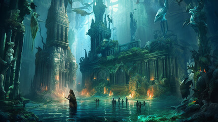 A mystical underwater city with merfolk swimming among ancient ruins Generative AI - obrazy, fototapety, plakaty