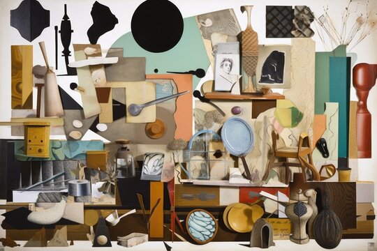 cubist collage of various objects, ranging from household items to natural elements, created with generative ai