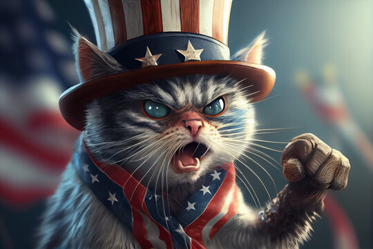 Illustation Of Angry Cat Pointing Wait Finger Like Uncle Sam Vote Concept. AI