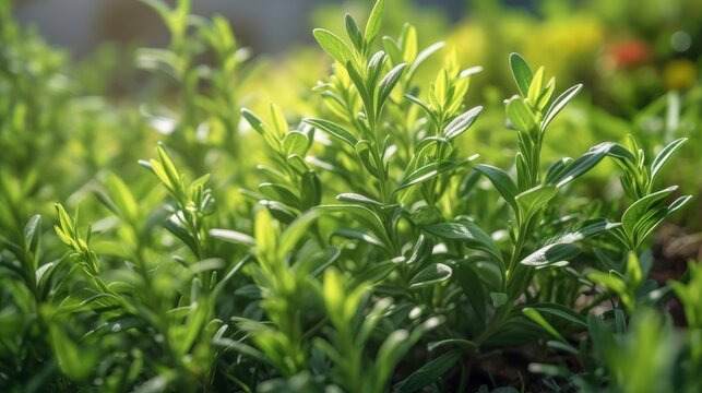 Tarragon plant growing in a lush garden, showcasing the vibrant foliage and tiny flowers