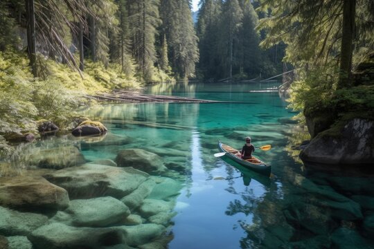 person, paddling through crystal-clear lake, surrounded by natural beauty, created with generative ai