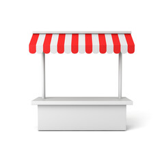 Blank market stall kiosk stand exhibition booth shop store with product shelf counter or display shop stand with red striped awning isolated on white background minimal concept 3D rendering