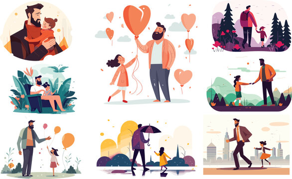 father daughter family happy illustration vector man love girl together isolated Fathers Day Father and Daughter Illustration set