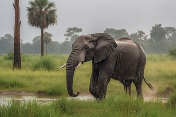 Fototapeta na wymiar illustration, elephant in the rain among the grass, ai generative.