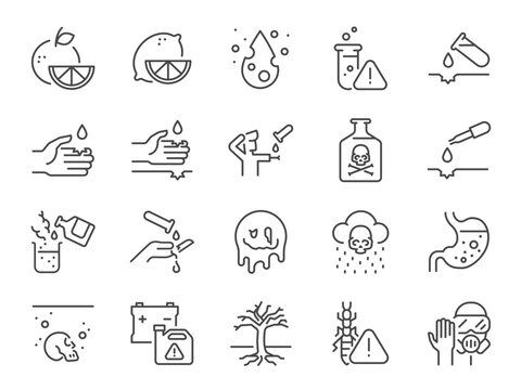 Acid icon set. It included chemical, corrosion, etching, sulfuric, acids, and more icons. Editable Stroke.
